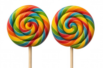 Swirl rainbow lollipops with vibrant colors, sweet candy dessert, and round shape on transparent background
