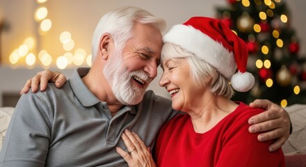 Heartwarming Christmas Moments: A senior couple shares a tender moment of pure joy and happiness during the festive Christmas season, exuding love and togetherness.