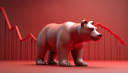 Bear bearish stock market with red declining graph. Financial downturn, investment risk, economic recession. Market crash, volatility, decline. Trading strategy, portfolio loss, financial markets