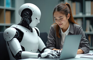 Young woman and robot work together on laptop in modern office. Female employee collaborates with artificial intelligence android on computer. Human and machine partnership in futuristic workspace.