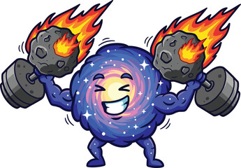 Strong cartoon galaxy character lifting flaming asteroid dumbbells, cosmic fitness illustration, powerful space concept, funny astronomy artwork with muscular universe theme
