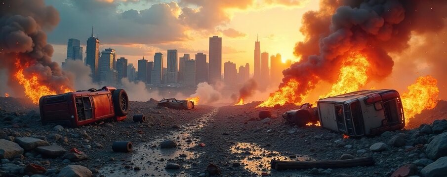Urban Unrest Burning Vehicles and City Skyline Amidst Societal Upheaval