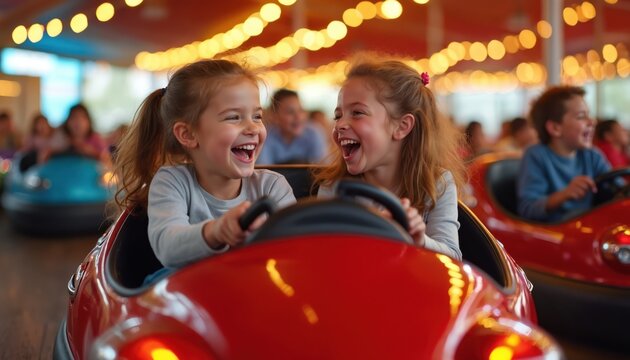 Two young girls riding bumper car, screaming and laughing. Children playing together at amusement park, enjoying bumper ride. Kids having fun in red bumper cars at carnival, festival or fair.