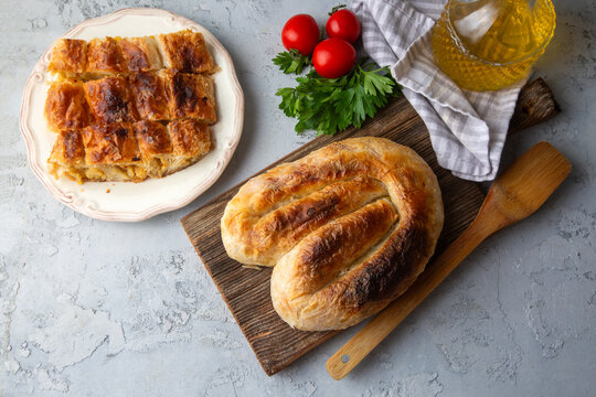 Turkish style meat stuffed filo dough borek served kol boregi.