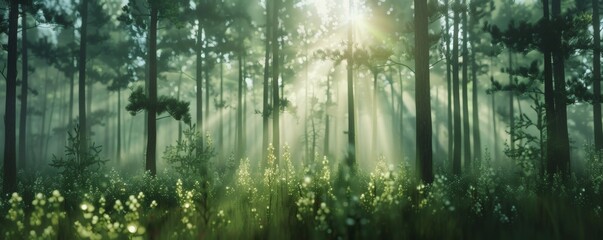 Sunbeams filtering through a dense pine forest, illuminating the lush green undergrowth