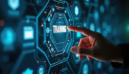 Human hand touches virtual screen displaying prominent TRAINING button. Futuristic digital interface shows glowing tech icons, network connections, data flows. Image represents online education,