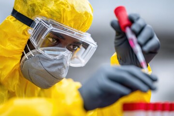 Lab technician conducts precise testing with samples in protective clothing during research procedures