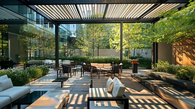 Modern Outdoor Patio with Lounge Furniture and Greenery