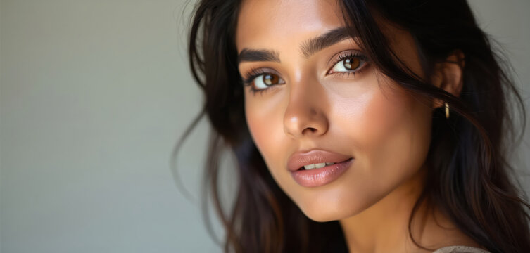 Closeup portrait of young indian woman with brown hair looking at camera. Pretty female shows natural face beauty. Model poses in beauty salon. Natural light illuminates girl face. - Powered by Adobe