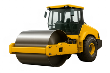 Yellow road roller compacting asphalt on transparent background