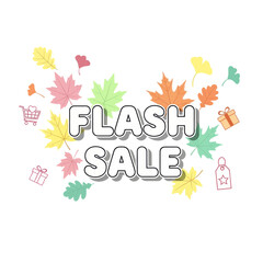Flash Sale graphic with colorful leaves and gift icons.