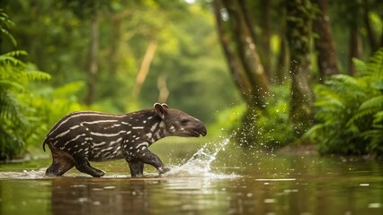 Baby Tapir Playing Shallow Water
