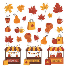 A vibrant collection of autumn-themed illustrations featuring market stalls, pumpkins, apples, scarves, and falling leaves.
