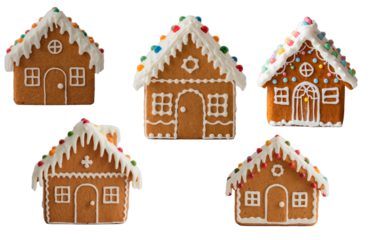 set of gingerbread houses isolated on transparent background