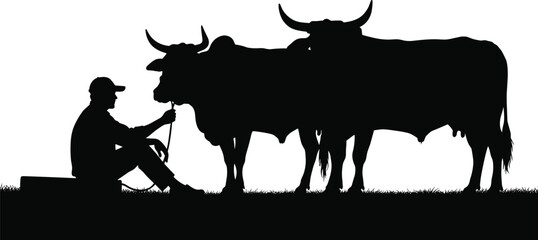 Person resting with cattle silhouette cartoon illustration, symbolic companionship and expressive gesture artwork for lifestyle and cultural design