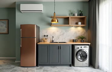 Modern kitchen interior design in small apartment. Room bronze refrigerator washing machine, wooden countertop. Sage green wall dark cabinets marble floor create stylish functional space for compact