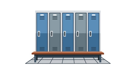 Row of blue and grey metal school lockers with a wooden bench.