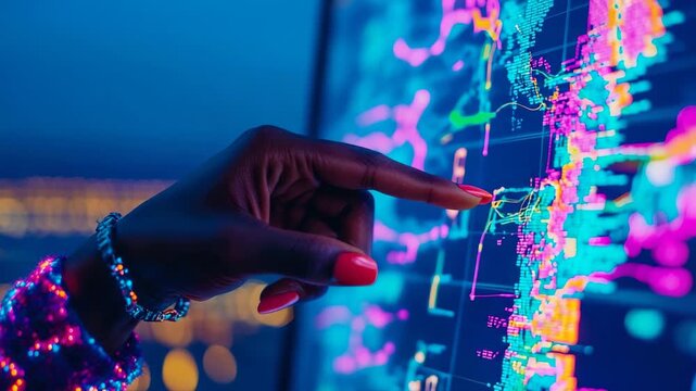 Vibrant hand with radiant red nails interacting with expansive, glowing digital information display, symbolizing futuristic data exploration and technological connection