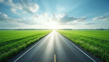Fototapeta premium Long straight road through green field. Asphalt highway with white lines stretches to horizon. Sun shines bright with rays, blue sky with clouds. Green grass on both sides, trees in distance. Open