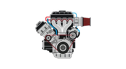 Automotive Engine Illustration with Intake and Exhaust Manifolds.