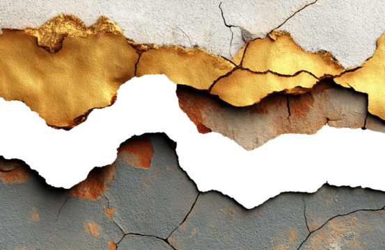 Luxury cracked gold and plaster texture isolated on transparent background, elegant metallic surface with artistic rough detail, abstract design element for premium backgrounds and 3D graphics PNG