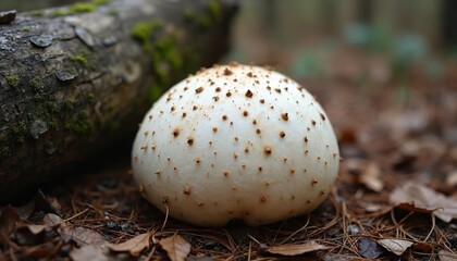 Giant white puffball mushroom with brown spikes grows on forest floor. Dry autumn leaves, pine needles surround natural fungus. Old mossy tree log rests in blurred background. Wild organism thrives