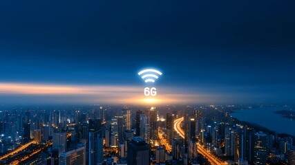 Exploring the Future of Technology With 6G Networks Illuminating City Skyline - Powered by Adobe