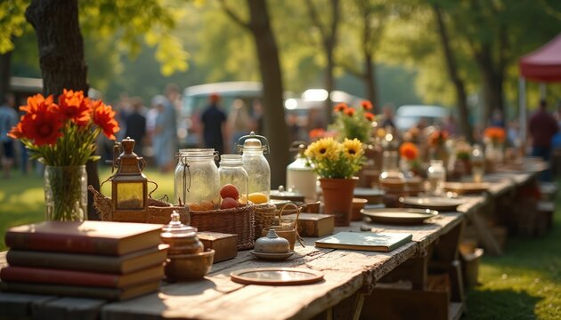 Vintage items sit on wooden table at outdoor flea market. Glass jars books flowers displayed for sale. People browse during fair, hunting for treasures at sale.