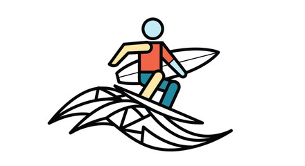 Colorful stylized icon of a surfer riding abstract geometric waves on a surfboard.