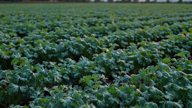 Parsley plants growing in rows in a field at sunset, showing multiple views of the lush green foliage and the setting sun in the background
