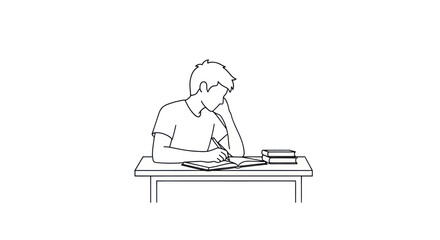 Young boy diligently studying at a wooden desk with books.