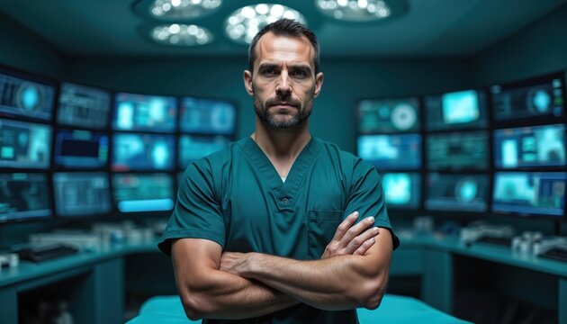 Confident male surgeon with crossed arms stands in modern operating room. Skilled doctor is in high-tech clinic surrounded by many screens. This medical pro is prepared for surgery with advanced tech.
