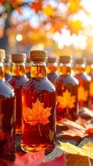 Bottles of Maple Syrup with Autumn Leaves.