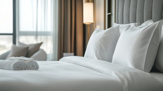 Modern hotel room featuring neatly arranged bed with white pillows and linens for ultimate comfort