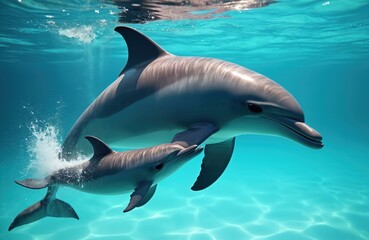 Obraz premium Dolphin with baby swimming together in clear blue water. Adult dolphin, young swim side by side underwater. Marine mammals play, interact in ocean environment. Calm sea surface reflects sunlight.
