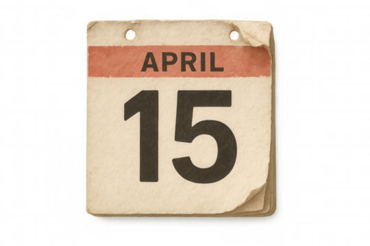 Vintage april 15 calendar page showing important tax deadline and financial filing date with old paper texture