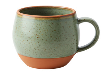 Green ceramic mug isolated PNG, speckled glaze with brown base and rim, kitchenware for hot beverages on transparent background