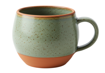 Green ceramic mug isolated PNG, speckled glaze with brown base and rim, kitchenware for hot beverages on transparent background