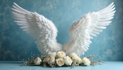 Photo of white angel wings above white roses with tiny flowers on blue background. Image can be used for various design projects. Beautiful illustration of wings for graphic design