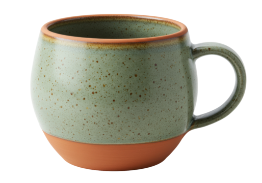 Green ceramic mug isolated PNG, speckled glaze with brown base and rim, kitchenware for hot beverages on transparent background