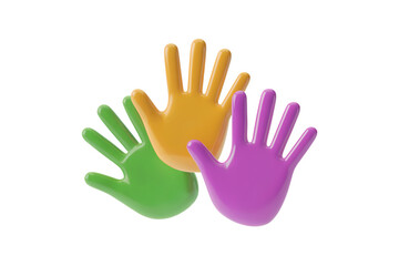 Obraz premium 3d illustration icon of three colored hands in a formation of unity and togetherness . Isolated on transparent background, png