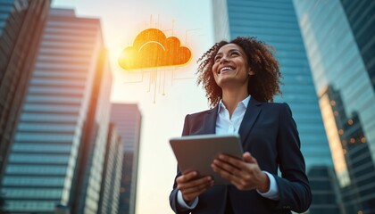 Smiling businesswoman holds tablet near modern office buildings. Digital cloud graphic hovers above, showing data transfer, connectivity. Looks up, contemplating future tech, global business