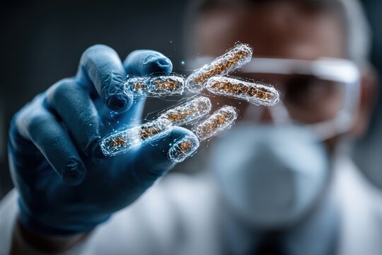 Scientist examining glowing bacteria in laboratory setting during research