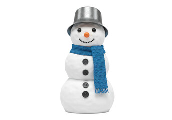 Festive snowman with blue scarf and bucket hat isolated PNG, winter holiday season decoration on transparent background