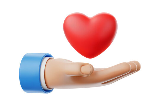 3d illustration icon of hand holding a floating red heart, representing care and love . Isolated on transparent background, png