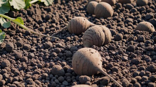 Freshly harvested turnips resting on dark, fertile soil, representing bountiful agricultural yield and farm to table freshness with organic root vegetable harvest