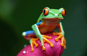 Obraz premium Green tree frog with orange eyes sits on pink flower petal. Small amphibian has blue and orange sides. It rests in its natural habitat. This creature waits in jungle.