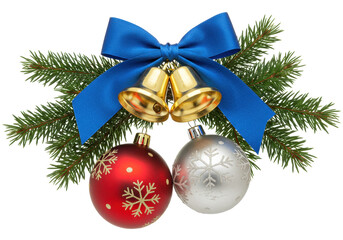 Christmas decoration with golden bells and ornaments isolated PNG, festive holiday arrangement with fir branches and blue bow on transparent background