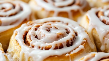 Fototapeta premium Delicious close up of fluffy cinnamon rolls topped with creamy icing for a sweet treat