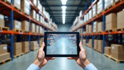 Hands holding tablet with smart warehouse management app. Worker controls global logistics network, supply chain. Digital tech automates inventory tracking, cargo distribution, order fulfillment in